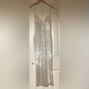 Celebrity Fashion silver over nude  maxi dress w leg slit Size: XS